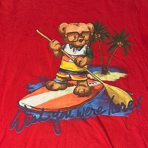 Hustle Gang Red Graphic Tee - Surfing Bear Design